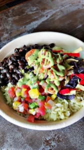 Caribbean Mango bowl shown with added shrimp at Royal James