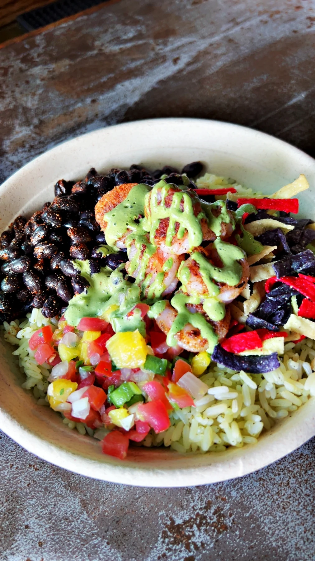 Caribbean Mango bowl shown with added shrimp at Royal James