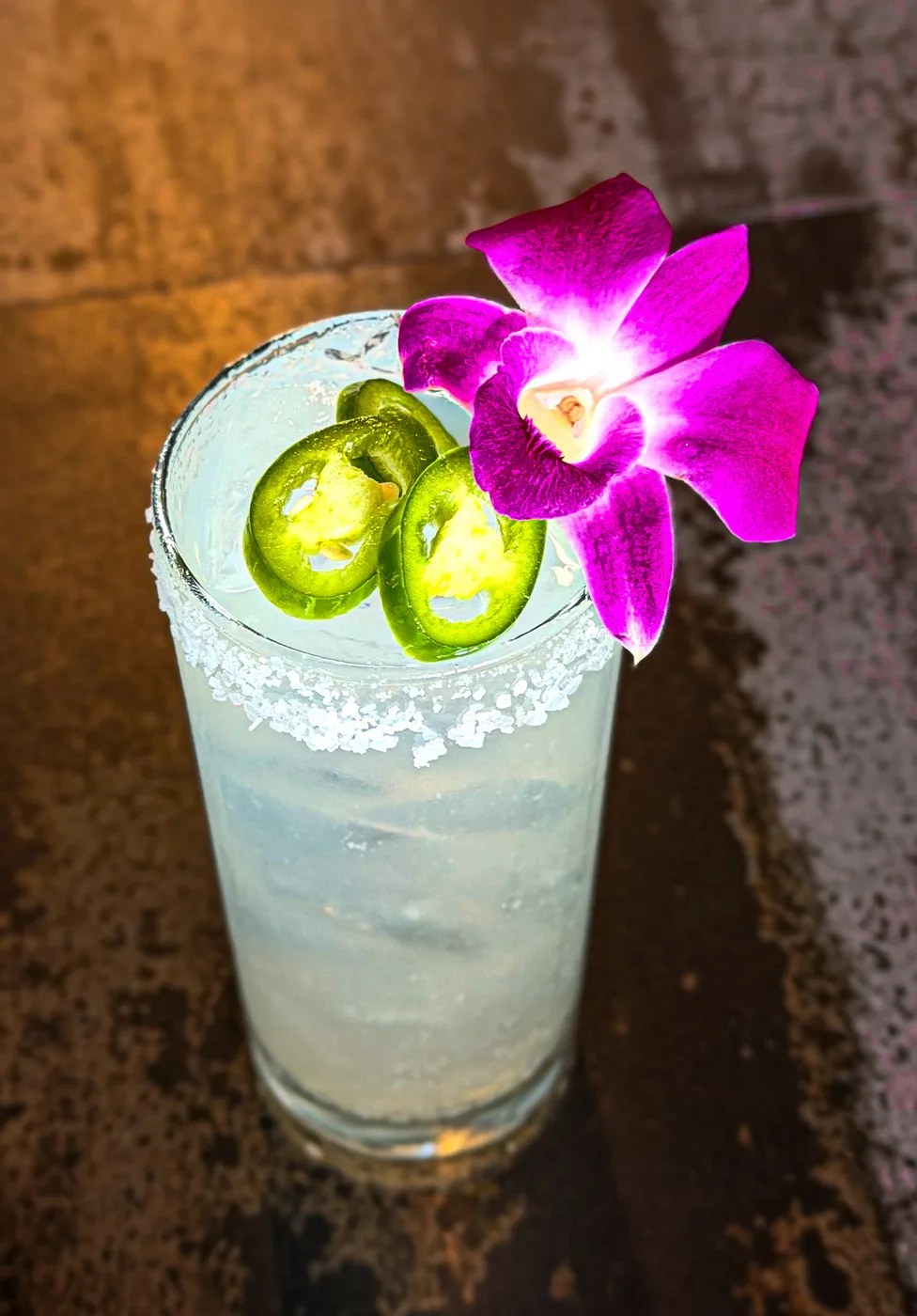 Salt-rimmed cocktail with jalapeno and orchid garnish at Royal James
